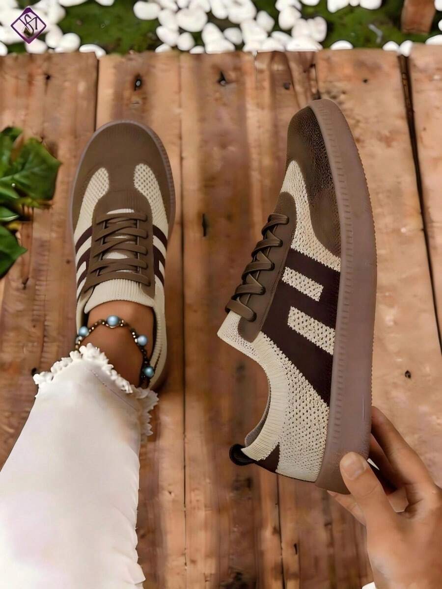 Women's Casual Versatile Striped Accent Sneakers, Women's Fashion Eye-Catching Comfortable Rubber Soft Sole Athletic Shoes, Women's Breathable Lightweight Patchwork Sports Shoes - 卡其色 - 查看 1