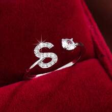 1 chiếc nhẫn điều chỉnh được, thiết kế chữ cái tiếng Anh tối giản, đính đá Cubic Zirconia, dành cho nữ. - Nhiều màu - Xem 5