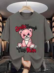 Nuevas camisetas casuales de primavera y verano para hombre, de cuello redondo y a la moda, hechas de tejido de punto de poliéster, ligeramente elásticas, de corte regular, con un diseño de oso rosa y el mensaje "Face Pain with a Smile", adecuadas para uso adulto. - azul real - Ver 20