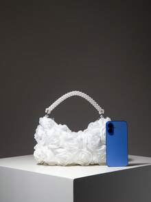 Damen Handtasche mit Blume Muster, Perlen Dekor Geldbörse, geeignet für Abend, Party, Hochzeit und andere Anlässe, elegante Damen Geldbörse, Geschenk für Frauen (Muster zufällig) - Weiss - Übersicht 3