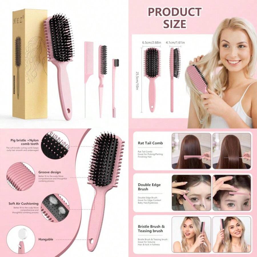 Curl Defining Brush Curly Hair Brush Slick Back Hair Brush For Combing And Shaping Curls In All Hairstyles To Reduce Pulling Pink - Hồng - Xem 1