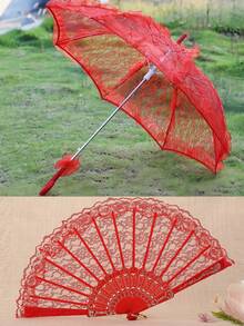2pcs Lace Umbrella And Lace Plastic Fan Wedding Accessories Decoration Set, European Style Bridal Umbrella, Outdoor Wedding Decor Umbrella And Fan Set, Best Gift, Wedding Photography Props, White Bridal Fan And Folding Fan Suitable For Wedding And Dance Performance, Large Handheld Fan For Bachelorette Party And Wedding Decor,Summer,Beach,Festival,Elegant - Multicolor - View 11