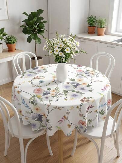1pc Colorful Floral Polyester Tablecloth, Round Spring And Summer Flower Design, Rustic Reusable Washable Wrinkle-Resistant Table Cover For Picnic, Party, Dining, Kitchen - Ideal Gift