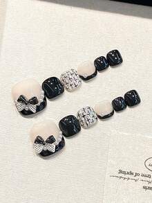 12片装 Y2K 手工按压式脚趾甲，黑色，法式风格，立体蝴蝶结图案，小巧香氛，可爱可拆卸，适合女性和女孩日常舞会佩戴，美甲礼品包含脚趾甲果冻胶和摩擦条。 - 彩色 - 查看 4