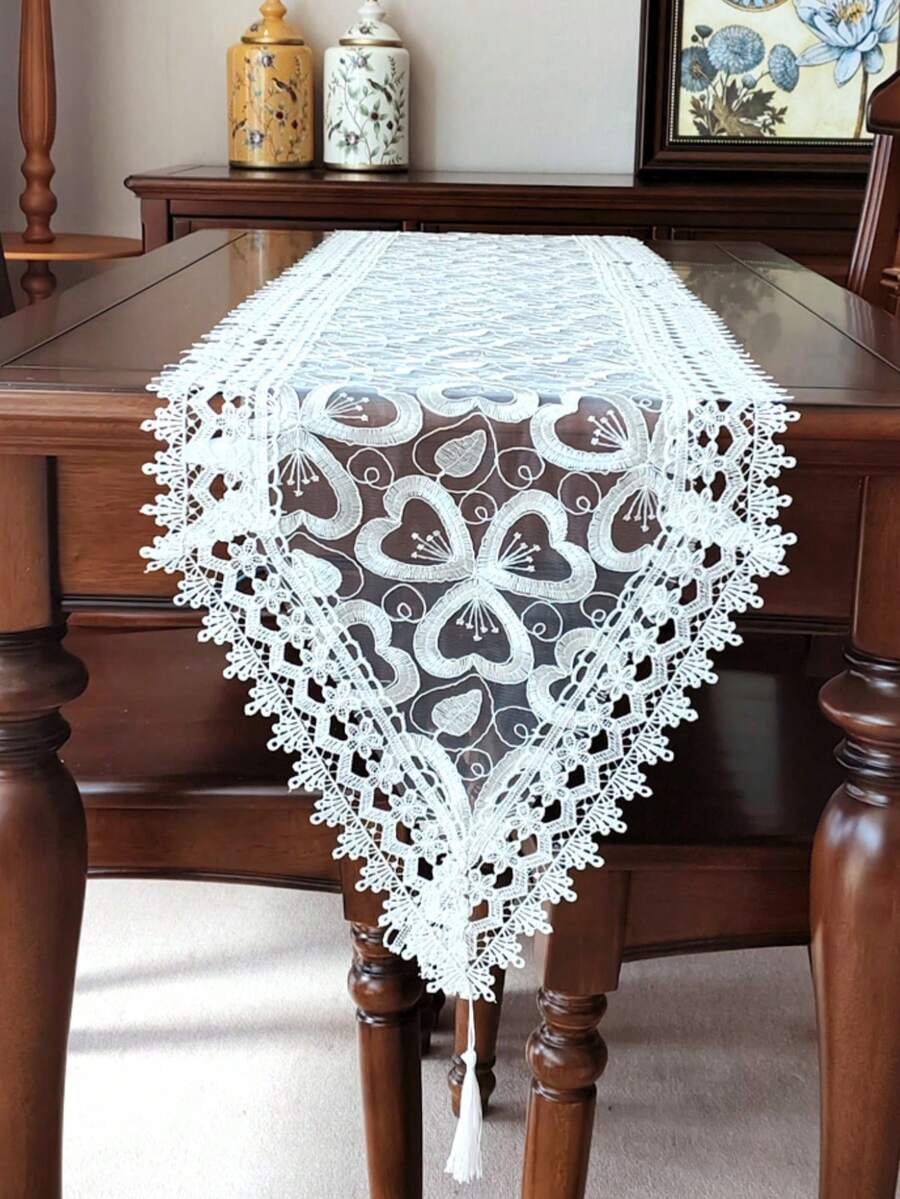 100% Polyester Embroidered Lace Table Runner, Tablecloth, Dresser Scarf, Suitable For Indoor/Outdoor, Kitchen, Living Room, Wedding, Party Decor, Multiple Sizes Available, All Season - White - View 1