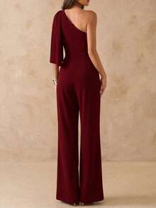Women's Elegant Chic Minimalist Solid Color Twist Waist Wide Leg Jumpsuit - Burgundy - View 4