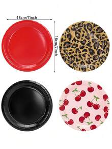 10pcs/40pcs/80pcs Leopard Print & Cherry Pattern Paper Plates Set - 7 Inch Round Paper Plates, Includes Leopard Print, Solid Red, Solid Black And Pink Cherry Patterns, Suitable For Bachelorette Party, Valentine's Day, Vintage Birthday Party, Unisex - Multicolor - View 2