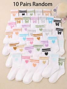 10 Pairs Kids White Random Stripe & Heart Pattern Elastic Soft Socks, Suitable For Daily Life And Sports, Versatile Casual, Breathable And Comfortable, Fit For Children And Teenagers Aged 1-14 Years Old - Multicolor - View 13