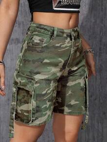 Plus Size Women Camouflage Multi-Pocket Loose Straight Leg Denim Cargo Shorts Casual Vacation Summer - Army Green - View 3