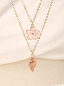 2件套可爱精致合金五叶花海螺吊坠项链夏季风假风海洋系列饰品 - 彩色 - 查看 11