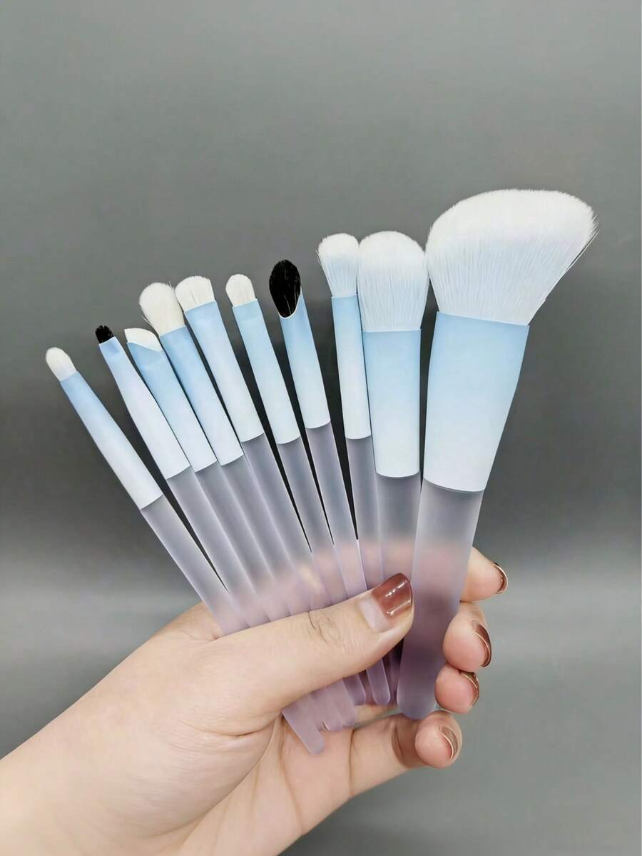 10pcs Makeup Brush Set, Animal Hair Makeup Brushes - Blue - View 1