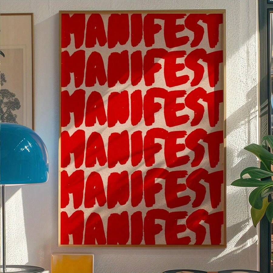 1幅醒目的红色“MANIFEST”艺术印刷海报 - 无框帆布墙画,现代混搭风格,适用于客厅和卧室,励志名言风格,墙面装饰 - Style A - 查看 1