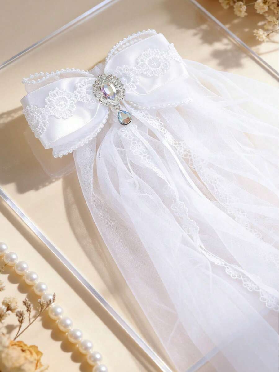 1个女童公主长款薄纱蝴蝶结发夹，适合婚礼拍照、派对和庆典等场合 - 彩色 - 查看 1