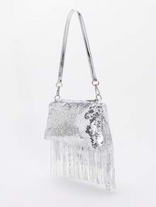 女士银色亮片流苏单肩包，闪亮晚宴手拿包，适合派对、婚礼、舞会等场合 - 銀色 - 查看 8