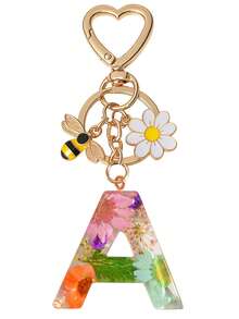 1pc Initial Letter Cute Bee & Flower Keychain, Heart Shaped Daisy Keyring Accessory, Decoration For Women Handbag Gift - Color - View 1
