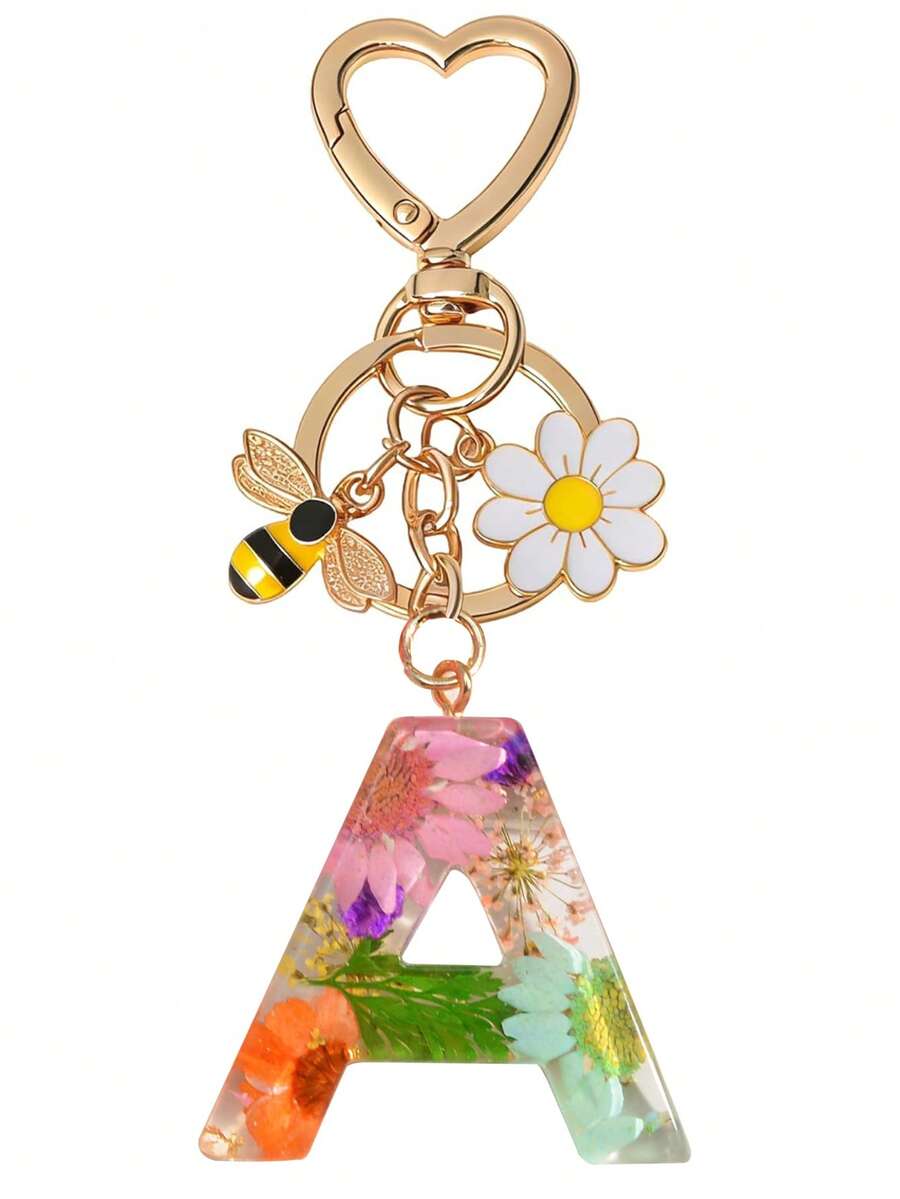 1pc Initial Letter Cute Bee & Flower Keychain, Heart Shaped Daisy Keyring Accessory, Decoration For Women Handbag Gift - Color - View 1
