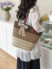 Gradient Striped Straw Tote Bag, Bow Tie Shoulder Bag, Large Capacity Woven Casual Bag, Retro PU Leather Strap, Fits , Casual Beach Vacation Bag, French Slouchy, Large Zipper Tote Bag, Commute & Travel Dual-Use Bag, Essential For Summer Beach Vacation - Coffee Brown - View 5