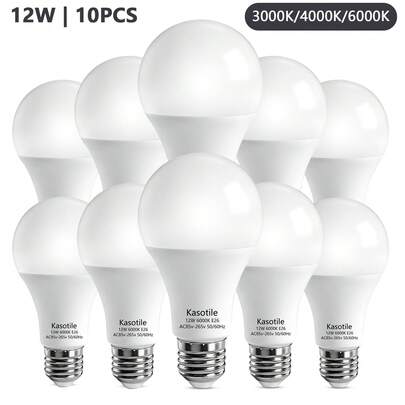 Kasotile A21 LED灯泡（10个装）- 12瓦（相当于100瓦白炽灯），1100流明；可选冷白光（6000K）、自然白光（4000K）和暖白光（3000K）；节能、护眼、无频闪；E26灯头，兼容110V-240V电压；适用于卧室、客厅和办公室等室内照明场所。