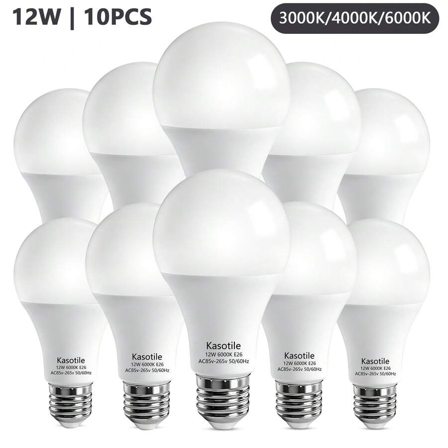 Kasotile A21 LED灯泡（10个装）- 12瓦（相当于100瓦白炽灯），1100流明；可选冷白光（6000K）、自然白光（4000K）和暖白光（3000K）；节能、护眼、无频闪；E26灯头，兼容110V-240V电压；适用于卧室、客厅和办公室等室内照明场所。