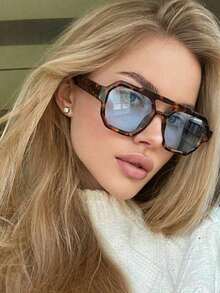 1 Pair Women's Multi-Color Pilot Style PC Frame Personalized Fashionable Street Style Travel Vacation Retro Double Bridge Fashion Glasses - Leopard Frame Blue Piece - View 2