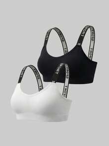 2pcs/Set 8-12 Years Girls Sports Bra Seamless Letter Strap Wire-Free Removable Padded Running Fitness Bra - Multicolor - View 3