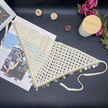 1pc Bohemian Style Korean Hollow Woven Shell Tassel Scarf, Women Summer Decorative Shawl Versatile Wrap, Ladies Beige Ocean Shell Tassel Knitted Hollow Lace Triangular Headband, Suitable For Daily Wear, Sports, Beach, Vacation - Starfish Sequins - View 3