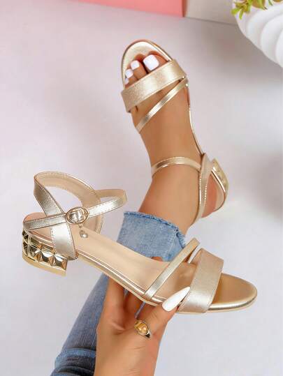 Giày sandal đế bằng lấp lánh cho bé gái, kiểu dáng thời trang, khóa cài, hở mũi, thích hợp đi hàng ngày, dự tiệc, gợi cảm, gót chunky màu vàng kim cho tuổi teen.