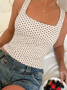 Y2K风格波点印花针织吊带背心，无袖露脐上衣，适合海滩、休闲通勤和街头穿着。 - 杏色 - 查看 10