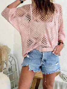 Áo khoác ngoài nữ cổ chữ V khoét lỗ hình thoi tay cánh dơi, thích hợp cho kỳ nghỉ xuân/hè. - Màu Hồng baby - Xem 3