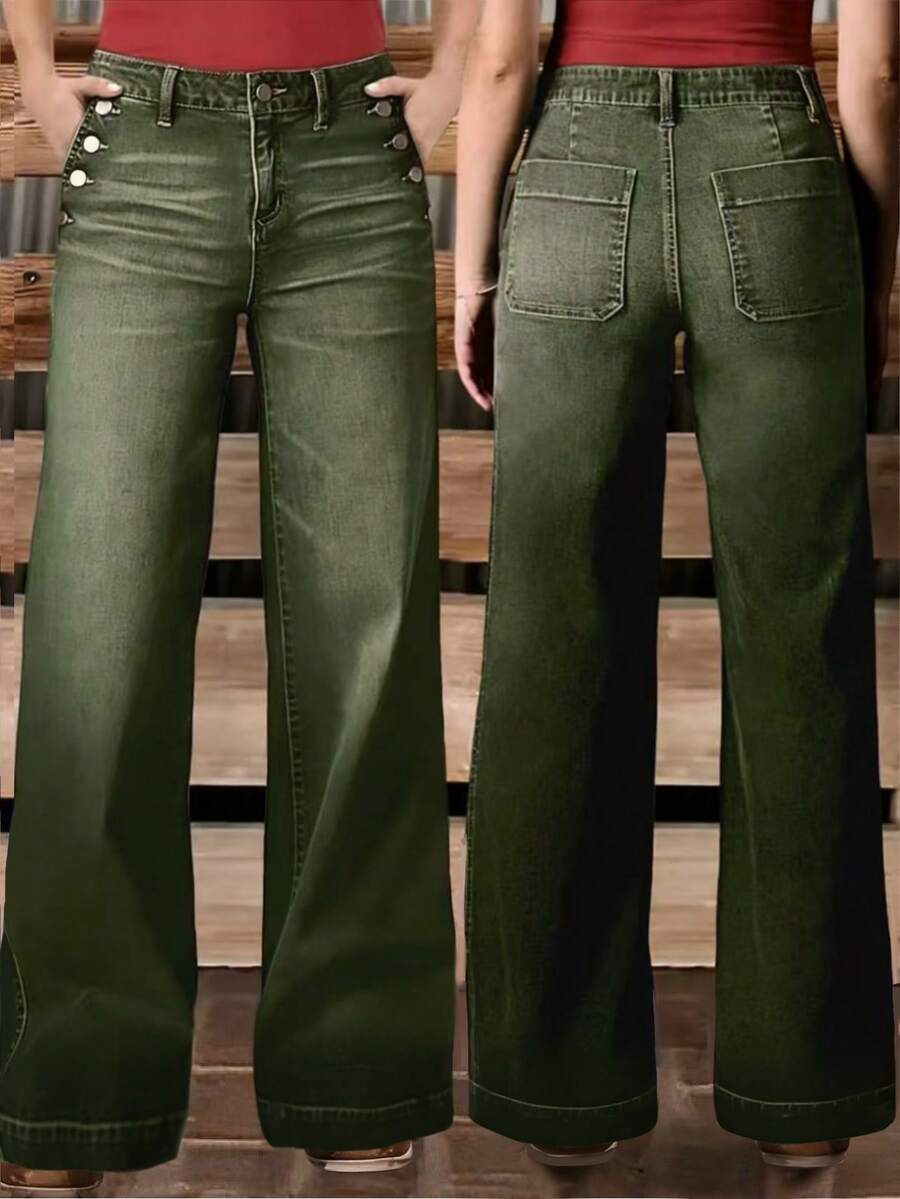 New Women's Multi-Button Washed Fit Straight Leg Casual Jeans , High Quality Denim Trousers Spring - Army Green - View 1