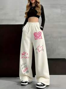 Women's Wide Leg Printed Streetwear Pants With Heart Punk Devil Xoxo Straight Leg With Pockets Basic Romantic Casual Sexy For Going Out Knit Fabric Pocket Drawstring Tie Birthday Party Holiday Travel Diary Home - 米白色 - 查看 1