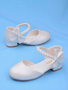 Girls' Princess Shoes White Leather Sandals Spring/Summer New High Heel Shoes With Pearl & Bow, Versatile For Party Dress Matching - White - View 4