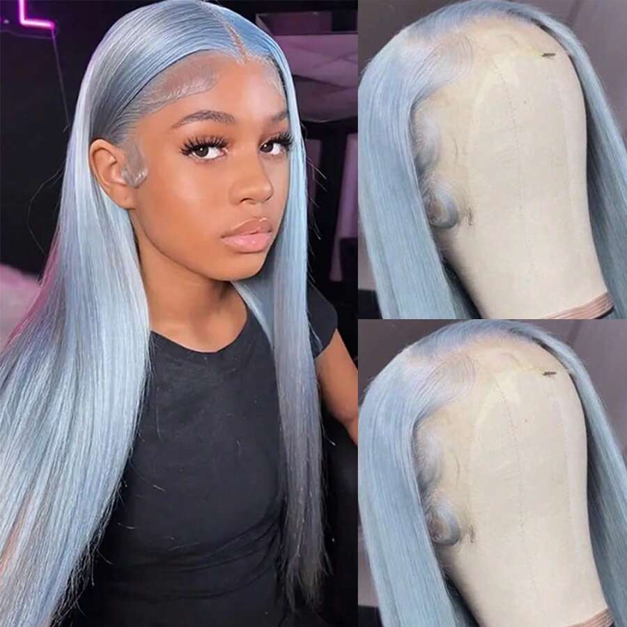 13x4 Free Part Mint Green Long Straight Lace Front Wigs Glueless Long Silky Straight Wigs Pre Plucked HD Lace 180% Density Light Green Wig Soft Free Part Wear And Go Lace Front Wigs For Fashion Women Party & Daily Wear 26 Inch - 淺藍色 - 查看 1