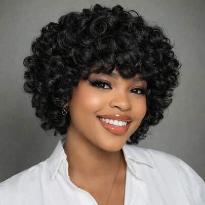 10 Inch Women's Fluffy Curly Human Hair Wig, Layered Wavy Curly Bobo Head, Elastic Curly Pixie Short Hair, Brazilian Virgin Hair Wig With Bangs, Suitable For Daily Wear, Parties, Holidays, Halloween And Christmas