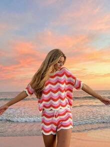 Women's Spring European And American Fashion Hollow Crochet Knit Short Sleeve Top And Casual Shorts 2 Pieces Set Vacation - Nhiều màu - Xem 1