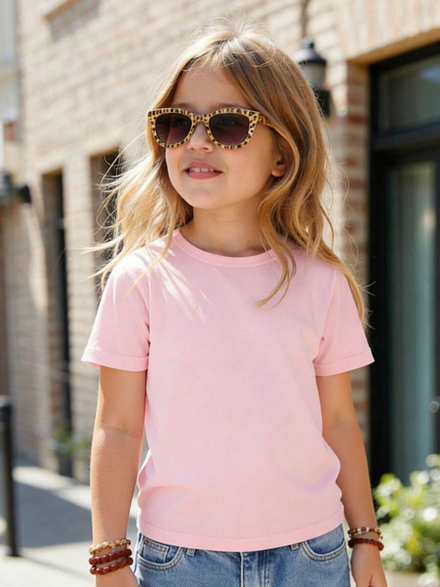 Young Girl Summer Casual Solid Color Round Neck Short Sleeve T-Shirt - Pink - View 1