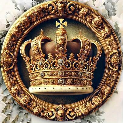 2D Vintage Gold Crown Metal Wall Decor Plaque - 8x8 Inch Iron Tin Sign, Elegant Floral Pattern With Ornate Border, Pre-Drilled Holes For Easy Installation, Reusable Home Garden Garage Bathroom Decor, Ideal Holiday Gift (Hole Position Random)