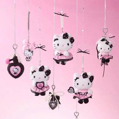 Miniso 1个Hello Kitty闪亮派对系列毛绒挂件（心形镜子/拥抱爱心），官方IP，粉色和黑色，甜美时尚毛绒+金属材质钥匙扣配件