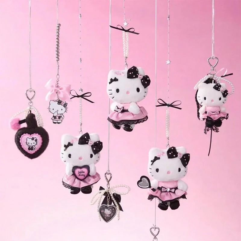 Miniso 1pc Hello Kitty Sparkling Party Series Plush Ornament (Heart-Shaped Mirror/Hugging Heart), Official IP, Pink And Black, Sweet And Chic Plush + Metal Material Keychain Accessory - Multicolor - View 1