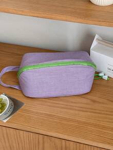 Minimalist Fresh Plaid Fabric Soft Makeup Bag, Convenient Zipper Large Capacity Storage Pouch - Multicolor - View 5