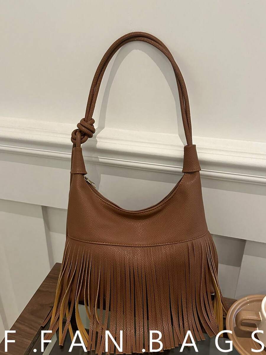 新款复古流苏手提包，时尚简约休闲大容量斜挎单肩包 - 棕色 - 查看 1