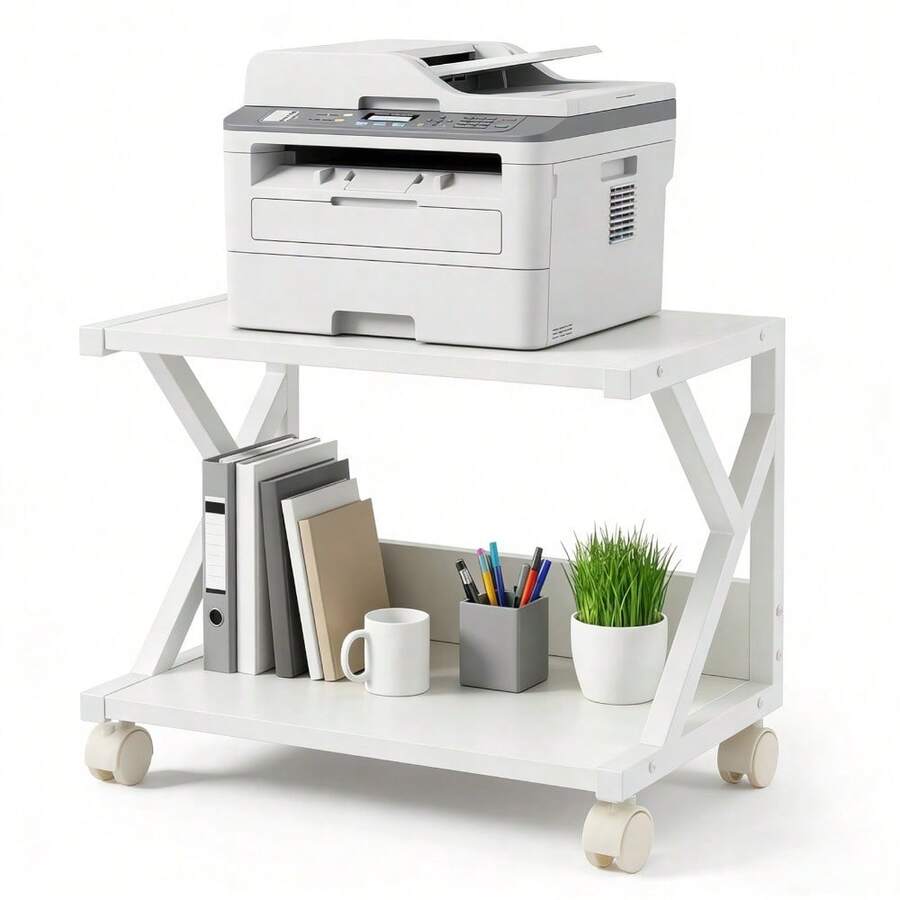 Modern Desktop Printer Stand 2 Tier Desk Organizer Multi-Purpose Computer Monitor Riser With Storage Shelves Wood Printer Stand For Home Office Fax Machine Scanner Books - White - View 1
