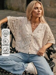 Floral Print Lightweight Breathable Cardigan, Suitable For Beach, Pool, And Vacation In Summer - Apricot - View 5