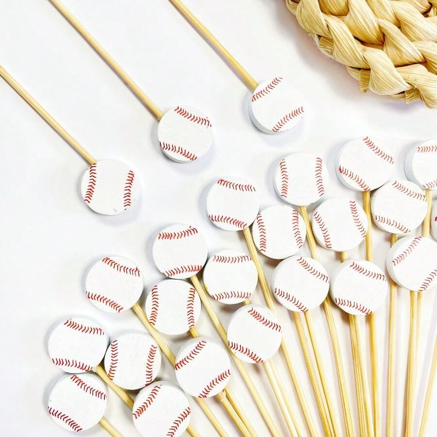 100 piezas Decoraciones para pastel de béisbol, Palillos para cócteles, Palillos elegantes, Para aperitivos, postres, pinchos, bandejas de salchichas, pinchos de fruta, Decoraciones para fiesta de partido de béisbol, Suministros para fiesta con tema deportivo (Béisbol) - Rojo y blanco - Ver 1