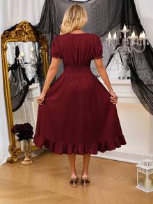 法式乡村风方领泡泡袖女式连衣裙，松紧腰荷叶边中长连衣裙，收腰双面穿连衣裙，适合日常穿着/派对 - 酒紅色 - 查看 2