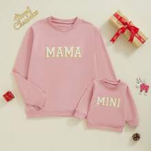 Mommy And Me Matching Outfits Christmas/Halloween Sweatshirts Family Matching Xmas Clothes Long Sleeve Crewneck Mama/Mini Letter Print Sweatshirts Pullover Tops Winter Fall Clothes - Màu Hồng  Dưa hấu - Xem 5