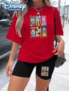(Authorized By Disney2026) T-Shirt Shorts Set For Ladies' Casual Two-Piece, Spring And Summer Women's Round Neck T-Shirt. The Fabric Is Soft, Comfortable And Breathable, Suitable For Daily Wear, Shopping, Traveling, Gathering And Home Use. It Is Also Suitable As A Beautiful Gift. Every Woman Should Have One. - 紅色 - 查看 1