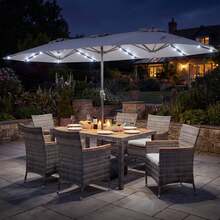 8 PCS Outdoor Wicker Dining Furniture & Double-Sided Umbrella With Solar LED Lights - 灰色的 - 查看 1