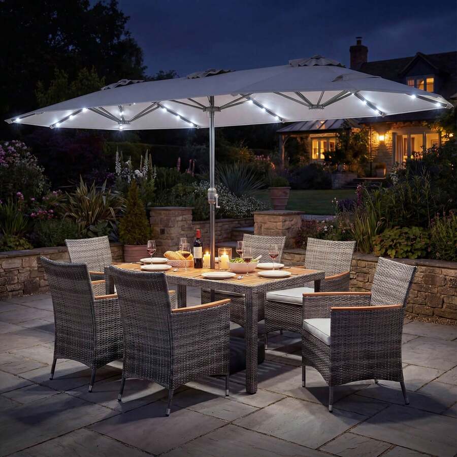8 PCS Outdoor Wicker Dining Furniture & Double-Sided Umbrella With Solar LED Lights - 灰色的 - 查看 1