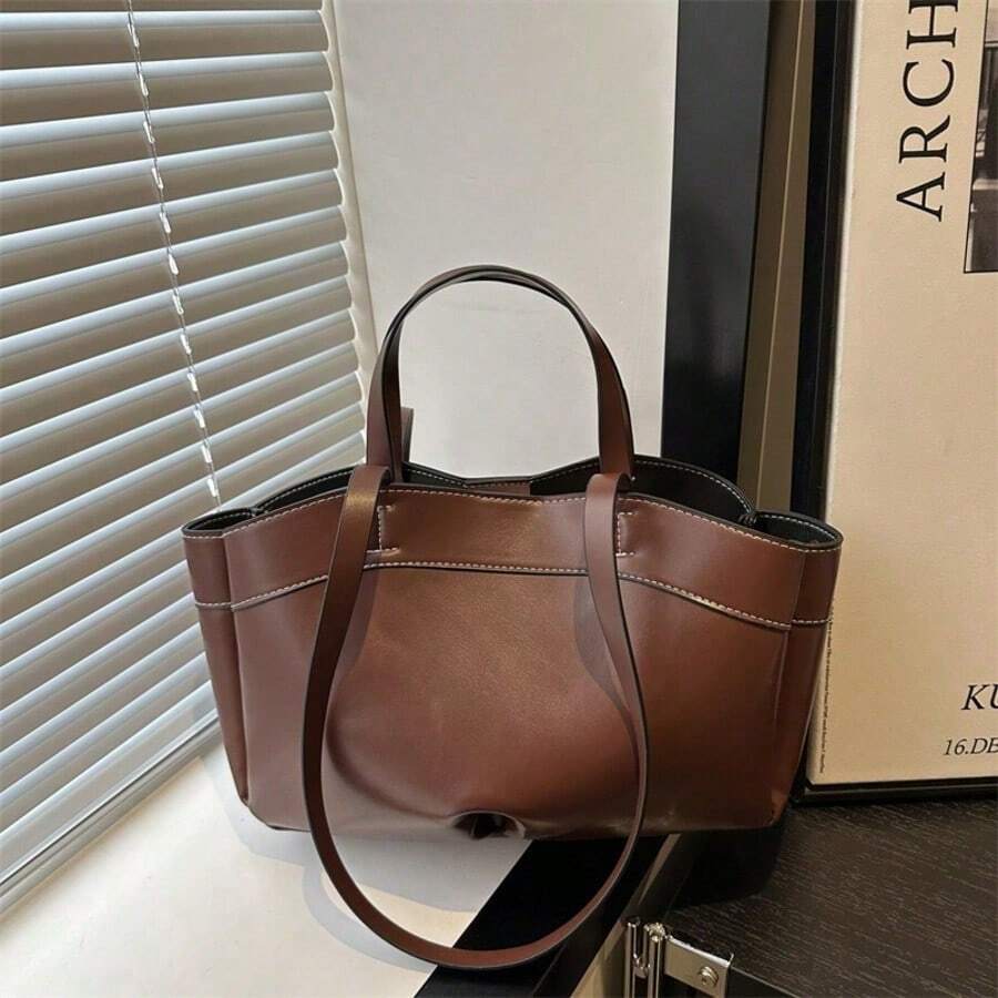 1pc Women's Canvas Bag, Large Capacity Shoulder Bag With Inner Pockets And Adjustable Strap, Practical Handbag For Daily Use, Shopping And Travel - Cà phê - Xem 1